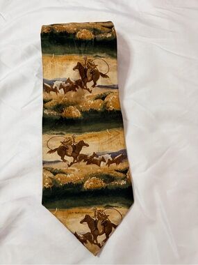 Roper western cowboy Scenic Silk Tie in Olive, Gold, Cream